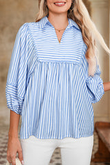 Sky Blue Stripe Shirt Collar V Neck Ricrac Trim 3/4 Puff Sleeve Blouse Sky Blue Stripe 95%Polyester+5%Elastane Blouses & Shirts JT's Designer Fashion