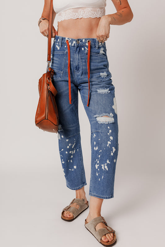 Ashleigh Blue Ripped Splattering Paint Rope Waist Cropped Straight Jeans Ashleigh Blue 93%Cotton+5%polyester+2%Elastane Jeans JT's Designer Fashion