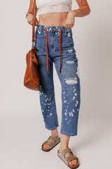 Ashleigh Blue Ripped Splattering Paint Rope Waist Cropped Straight Jeans Ashleigh Blue 93%Cotton+5%polyester+2%Elastane Jeans JT's Designer Fashion