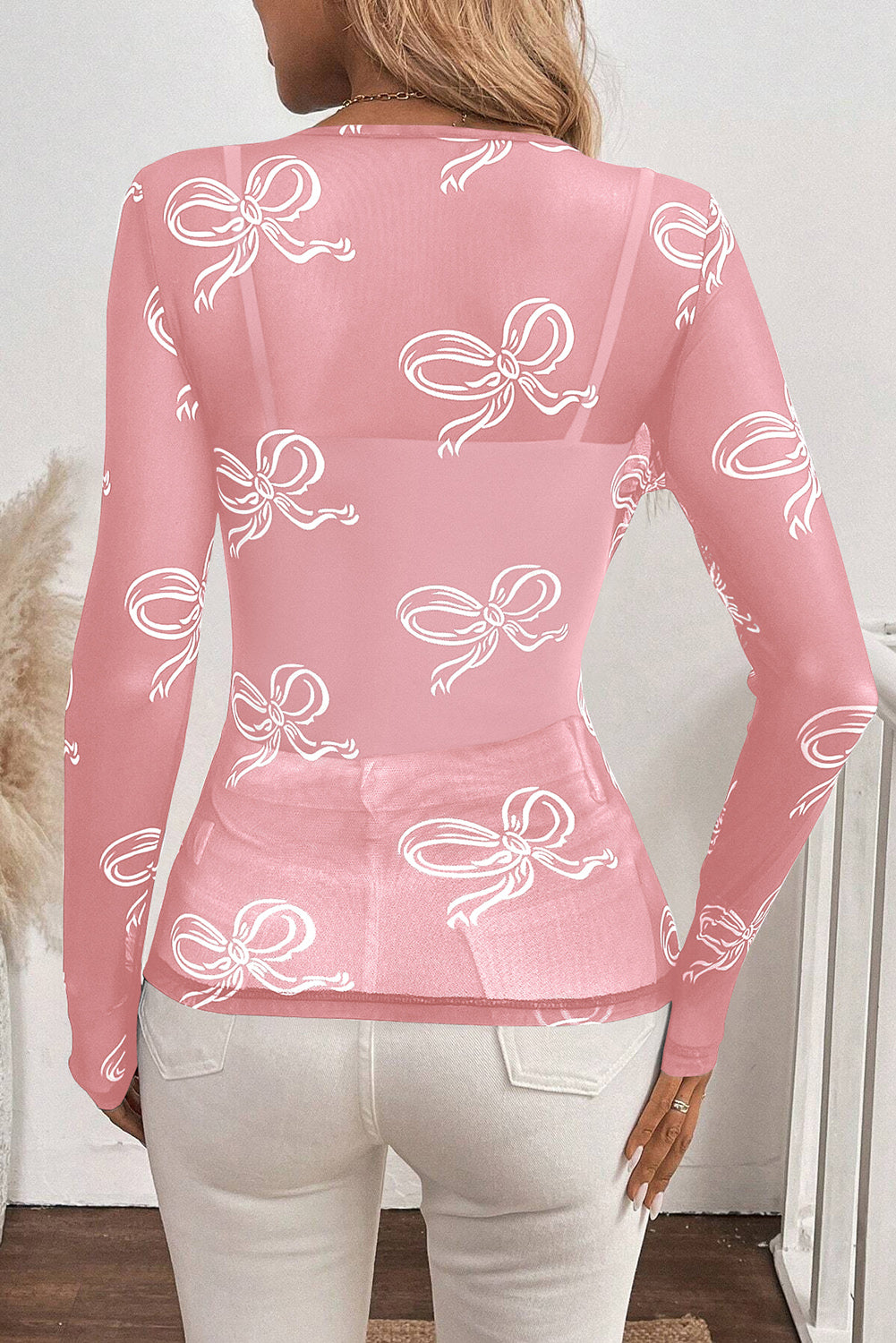 Pink Round Neck Bow Print Long Sleeve Mesh Top Long Sleeve Tops JT's Designer Fashion