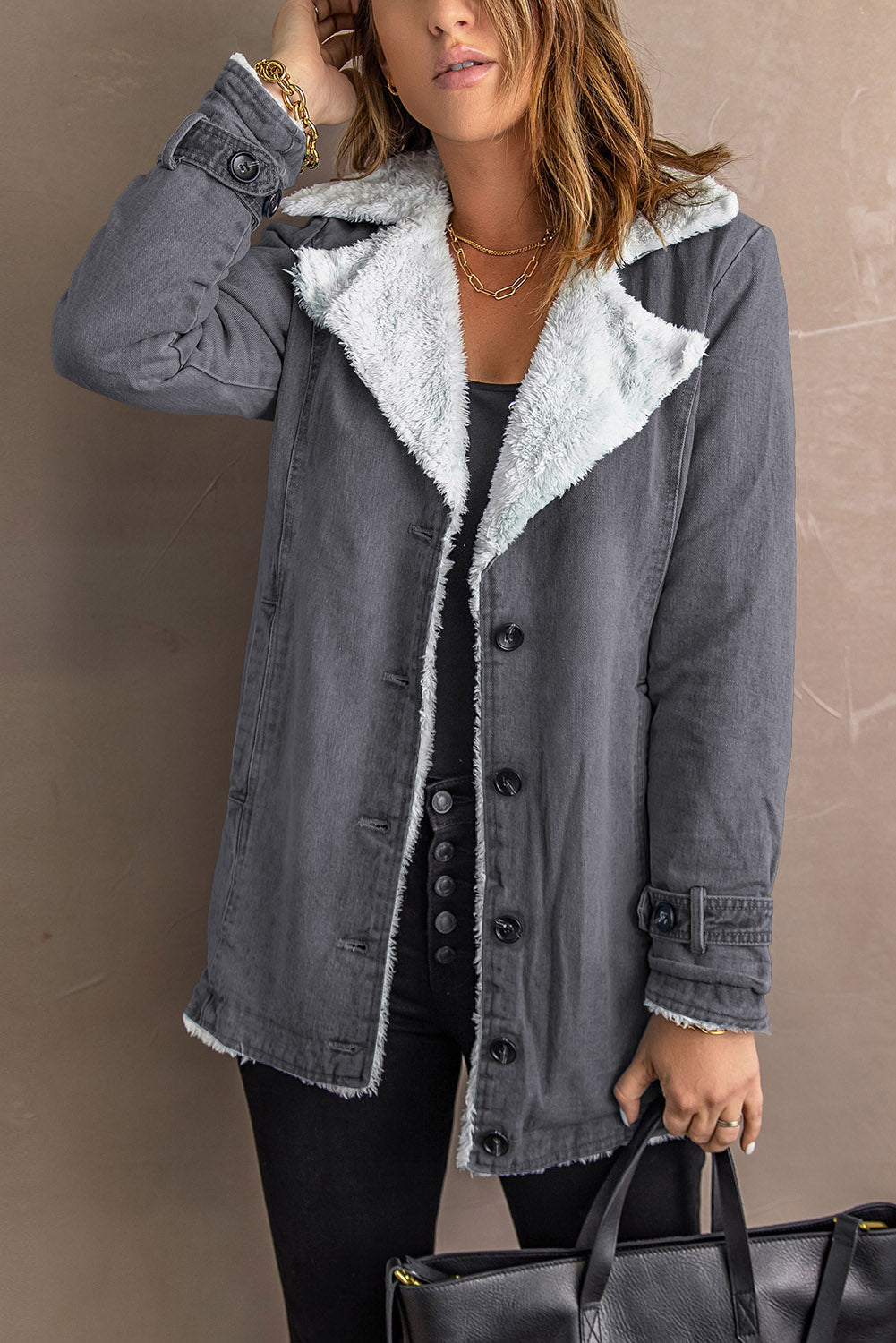 Gray Lapel Collar Button Fleece Jacket Gray gray Jackets JT's Designer Fashion