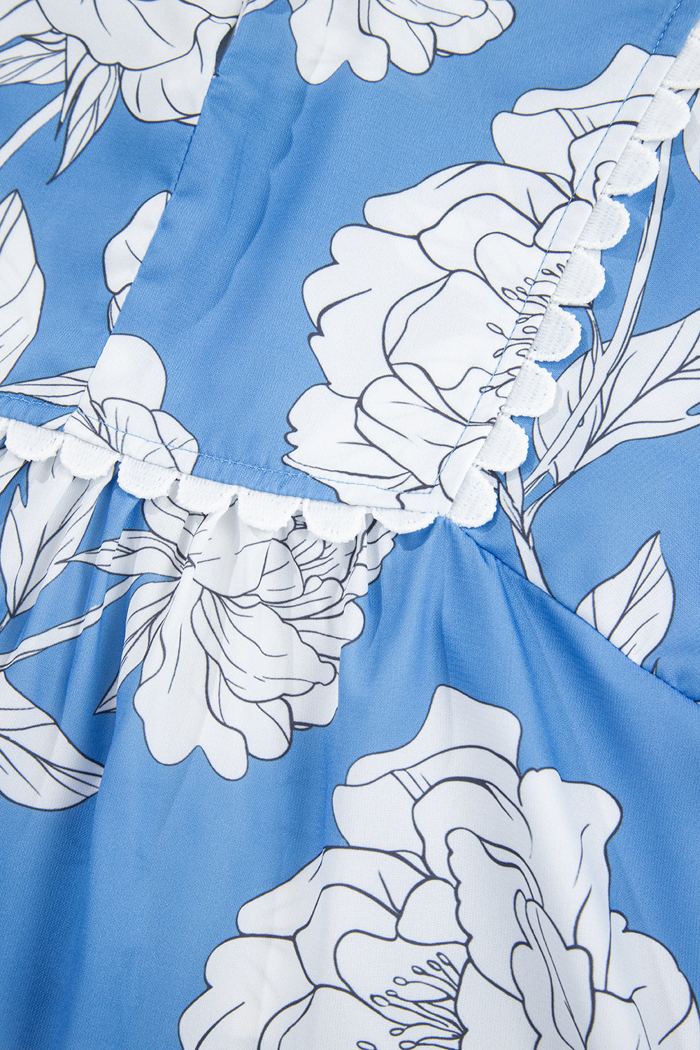 Sky Blue Floral Ricrac Trim Collared Puff Sleeve Loose Blouse Blouses & Shirts JT's Designer Fashion
