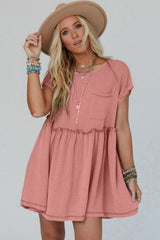 Dusty Pink Corded Knit Textured Patched Pocket Frilled Swing Mini Dress with Pockets Mini Dresses JT's Designer Fashion
