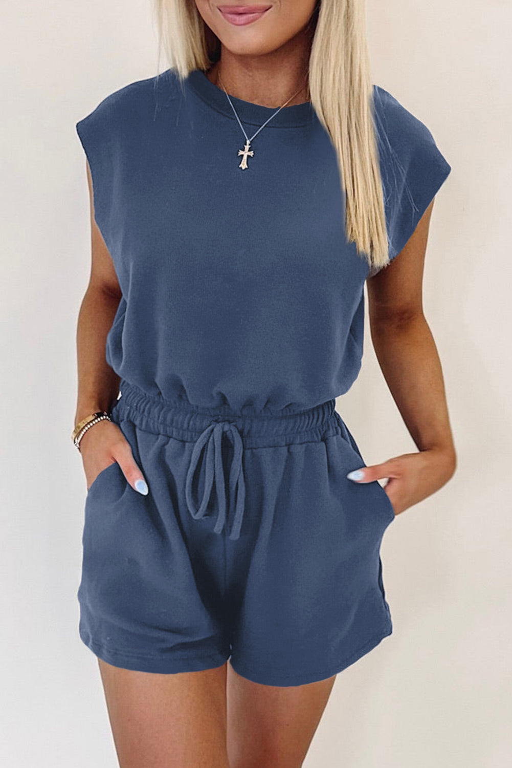 Ashleigh Blue Knit Open Back Cap Sleeve Drawstring Romper Jumpsuits & Rompers JT's Designer Fashion