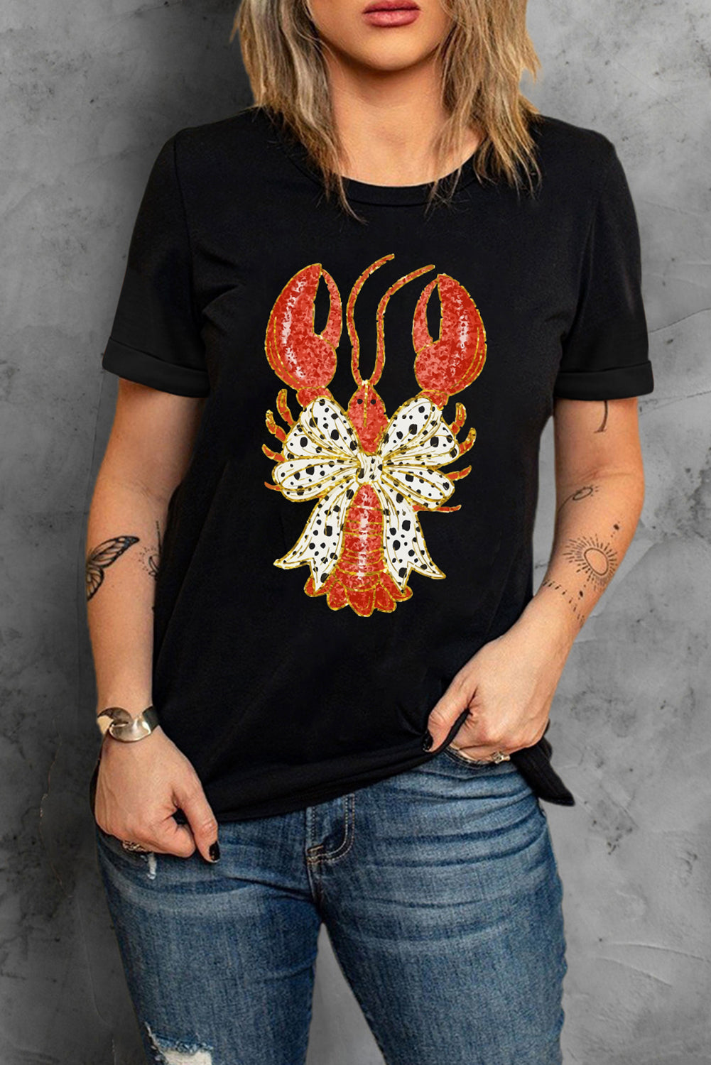 Black Dotty Bow Knot Crawfish Printed T Shirt Graphic Tees JT's Designer Fashion