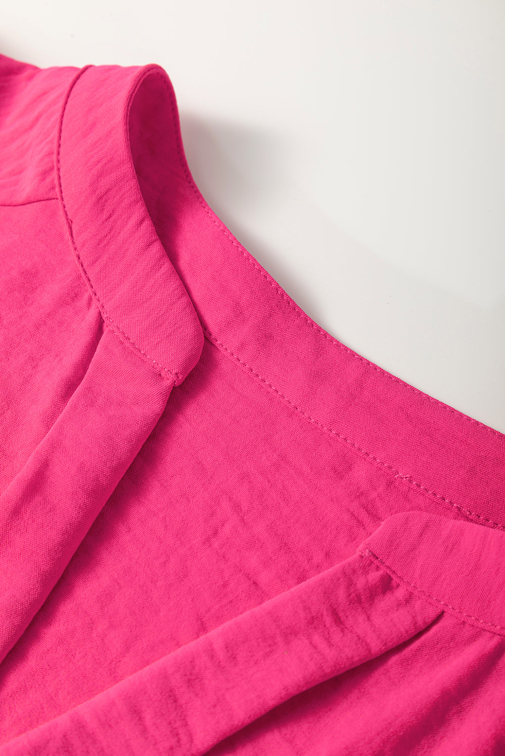 Rose Red Solid Color Shirred Cuff Notch V Neck Blouse Blouses & Shirts JT's Designer Fashion