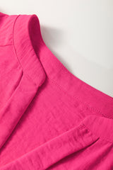 Rose Red Solid Color Shirred Cuff Notch V Neck Blouse Blouses & Shirts JT's Designer Fashion