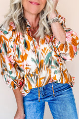 Yellow Abstract Print Drawstring Frilled V Neck 3/4 Sleeve Blouse Blouses & Shirts JT's Designer Fashion