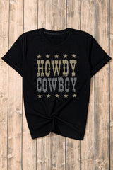 Black HOWDY COWBOY Star Print Crew Neck Loose T Shirt Graphic Tees JT's Designer Fashion