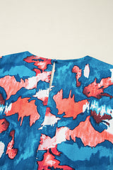 Blue Abstract Print Shirred Ruffled Short Sleeve Tiered Plus Size Mini Dress Plus Size Mini Dresses JT's Designer Fashion