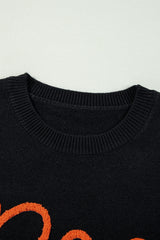 Black Boo Knitted Pattern Ribbed Edge Drop Shoulder Sweater Sweaters JT's Designer Fashion