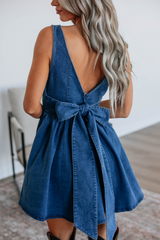 Sail Blue Square Neck Bowknot A-line Sleeveless Denim Dress JT's Designer Fashion