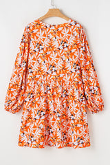 Orange Floral Print Split V Neck Bubble Sleeve Plus Size Midi Dress Plus Size Midi Dresses JT's Designer Fashion