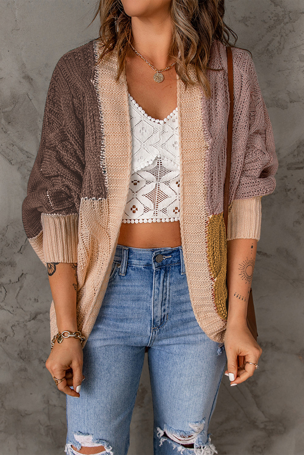 Brown Color Block Loose Open Front Knitted Cardigan Sweaters & Cardigans JT's Designer Fashion