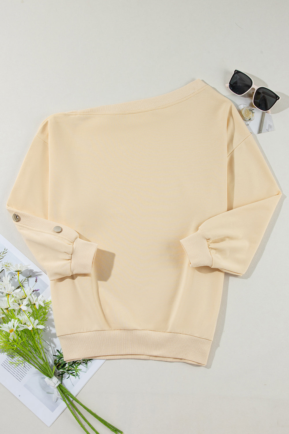 Beige Buttoned Sleeve Dropped Shoulder Sweatshirt Sweatshirts & Hoodies JT's Designer Fashion