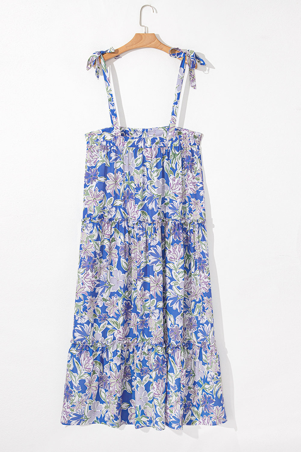 Sky Blue Floral Print Self-tie Straps Flowy Ruffle Long Dress Maxi Dresses JT's Designer Fashion