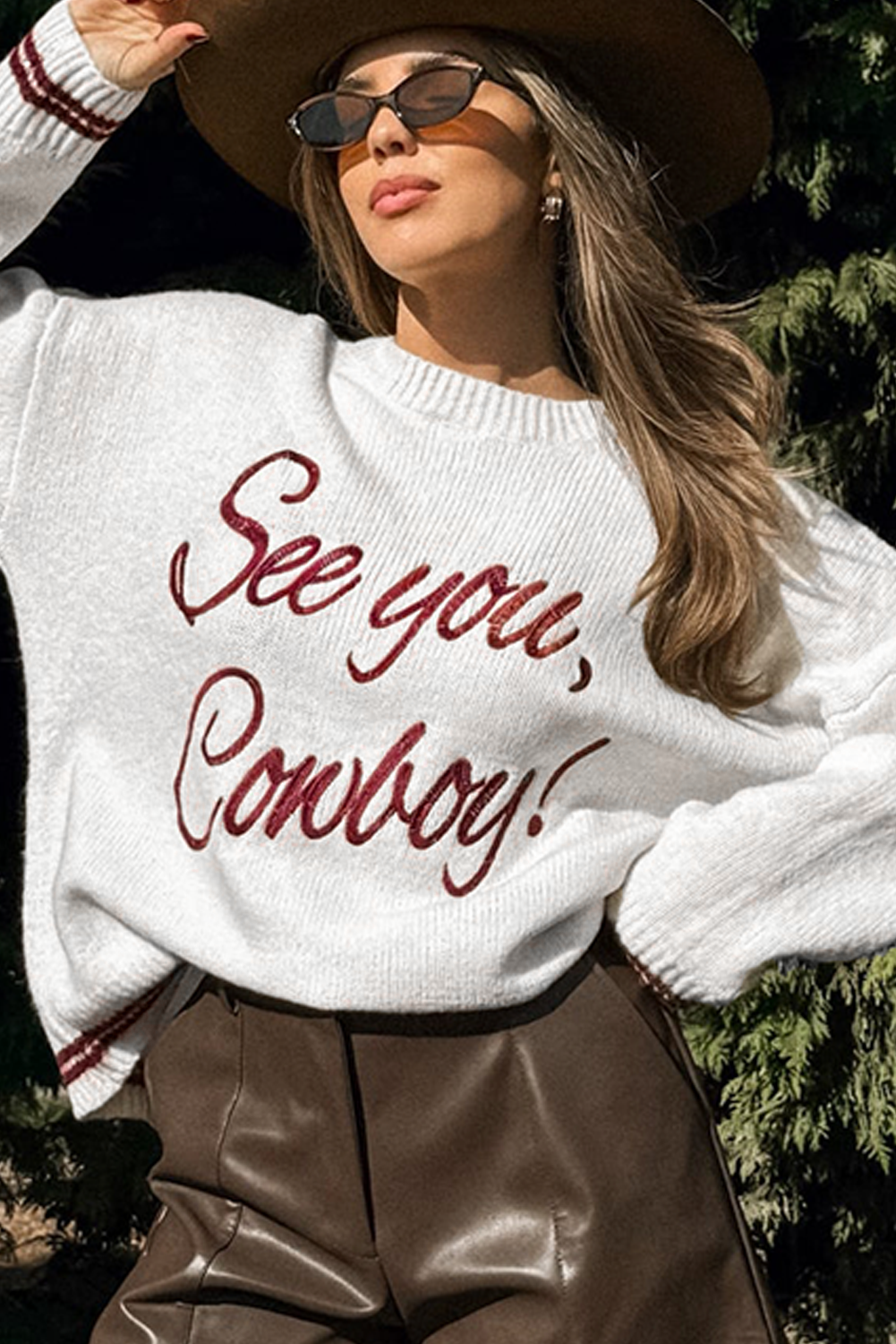 White See You Cowboy Embroidered Western Graphic Sweater Sweaters JT's Designer Fashion