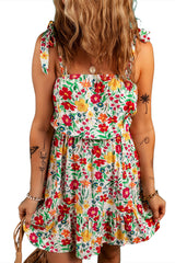 Red Floral Knotted Straps Cinched Waist Ruffle Hem Mini Dress Floral Dresses JT's Designer Fashion