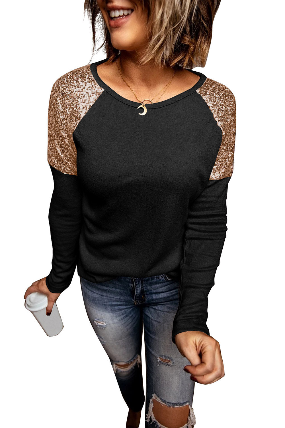 Black Sequin Shoulder Long Sleeve Top Long Sleeve Tops JT's Designer Fashion
