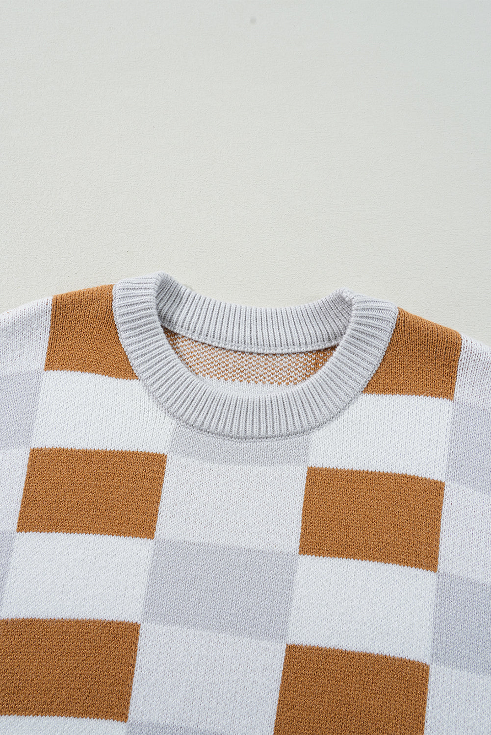 Khaki Checkered Ribbed Edge O Neck Drop Shoulder Sweater Sweaters JT's Designer Fashion