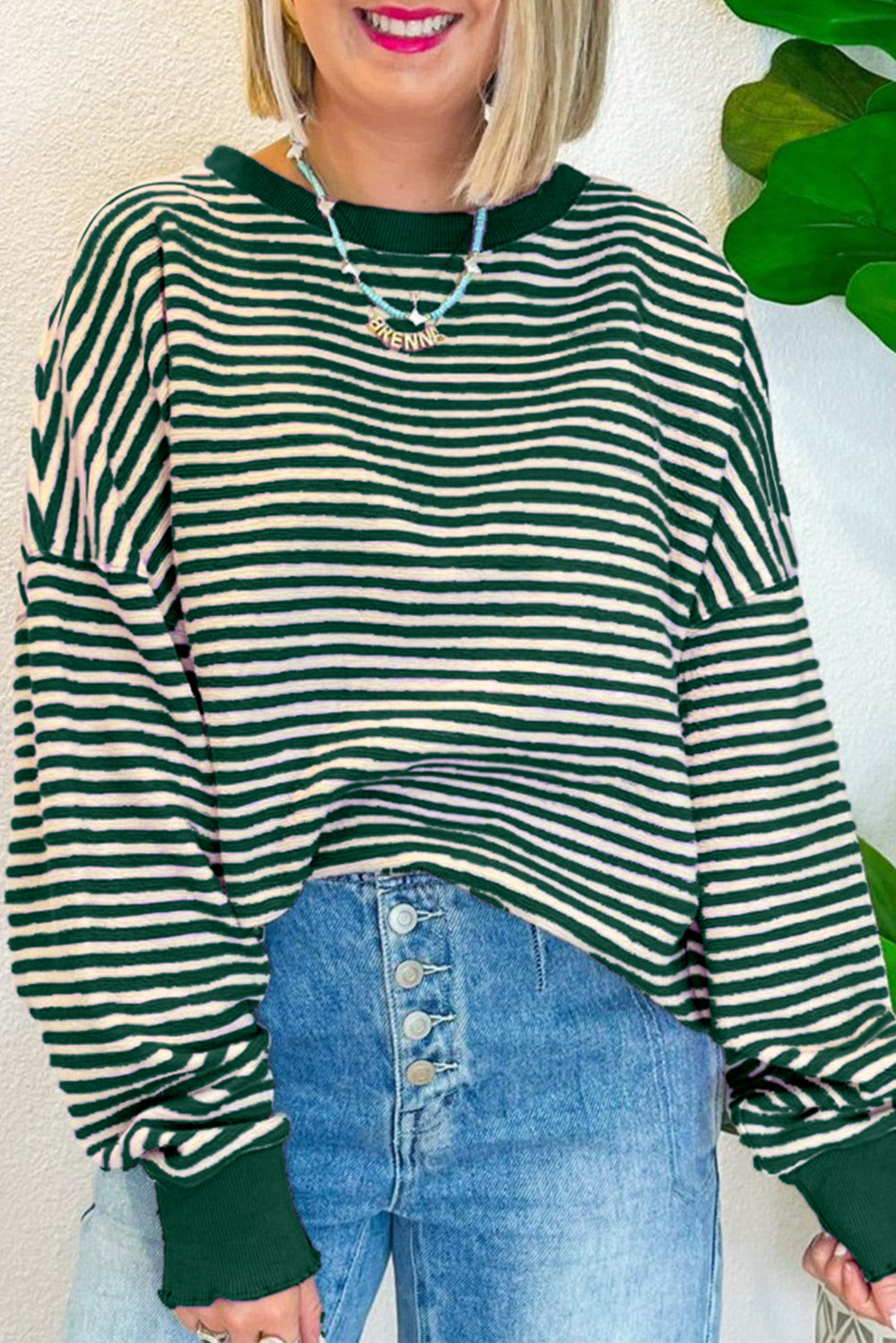 Green Stripe Loose Drop Shoulder Long Sleeve Top Long Sleeve Tops JT's Designer Fashion