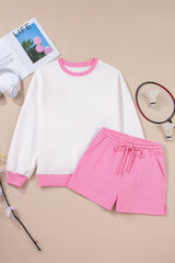 Strawberry Pink Color Block Pullover and Lace-up Elastic Waist Shorts Set Short Sets JT's Designer Fashion