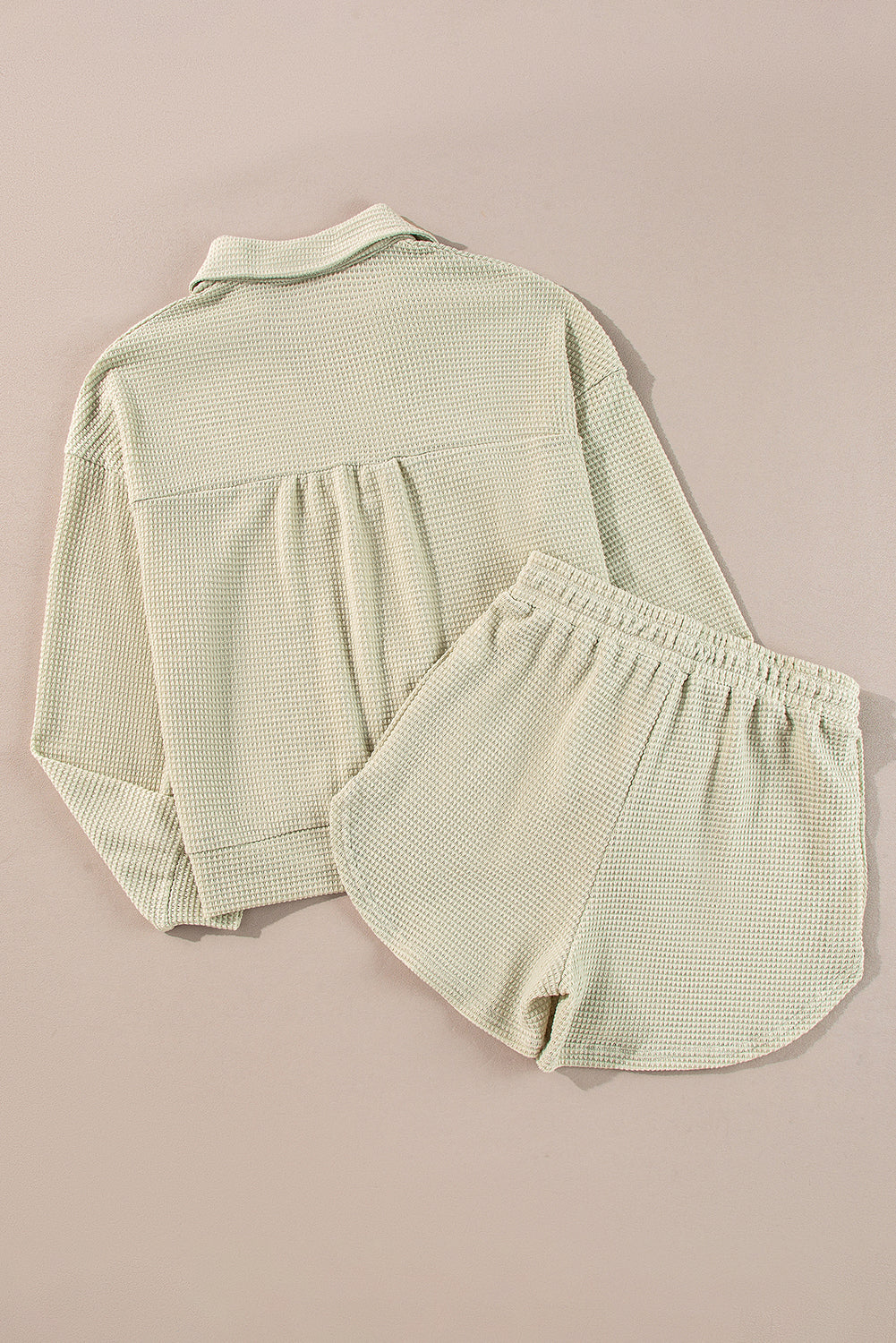 Parchment Textured Buttoned Long Sleeve Top 2 Piece Shorts Set Short Sets JT's Designer Fashion