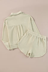 Parchment Textured Buttoned Long Sleeve Top 2 Piece Shorts Set Short Sets JT's Designer Fashion