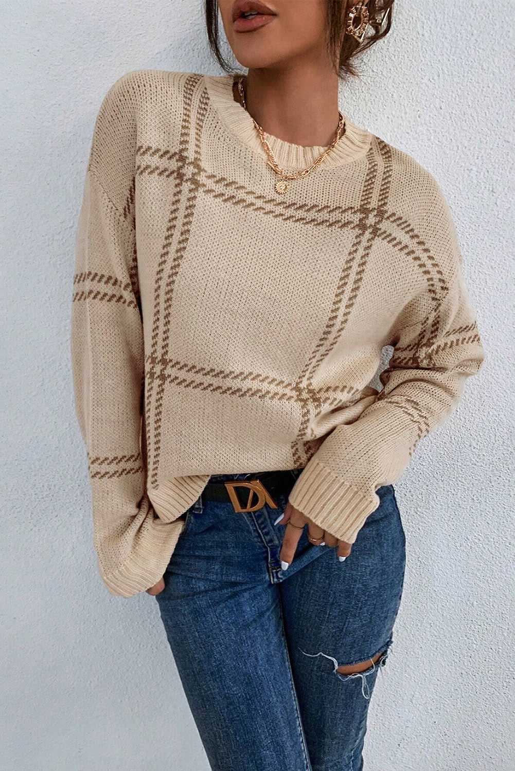 Khaki Plaid Pattern Knitted Drop Shoulder Sweater Sweaters JT's Designer Fashion