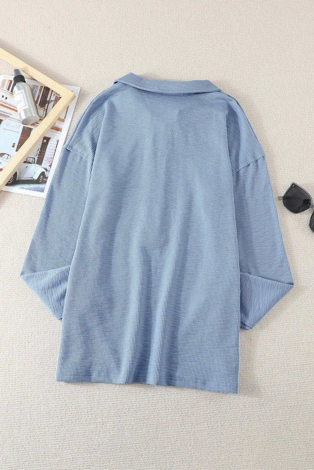 Sky Blue Button Front Turn-down Neck Knit Top Long Sleeve Tops JT's Designer Fashion