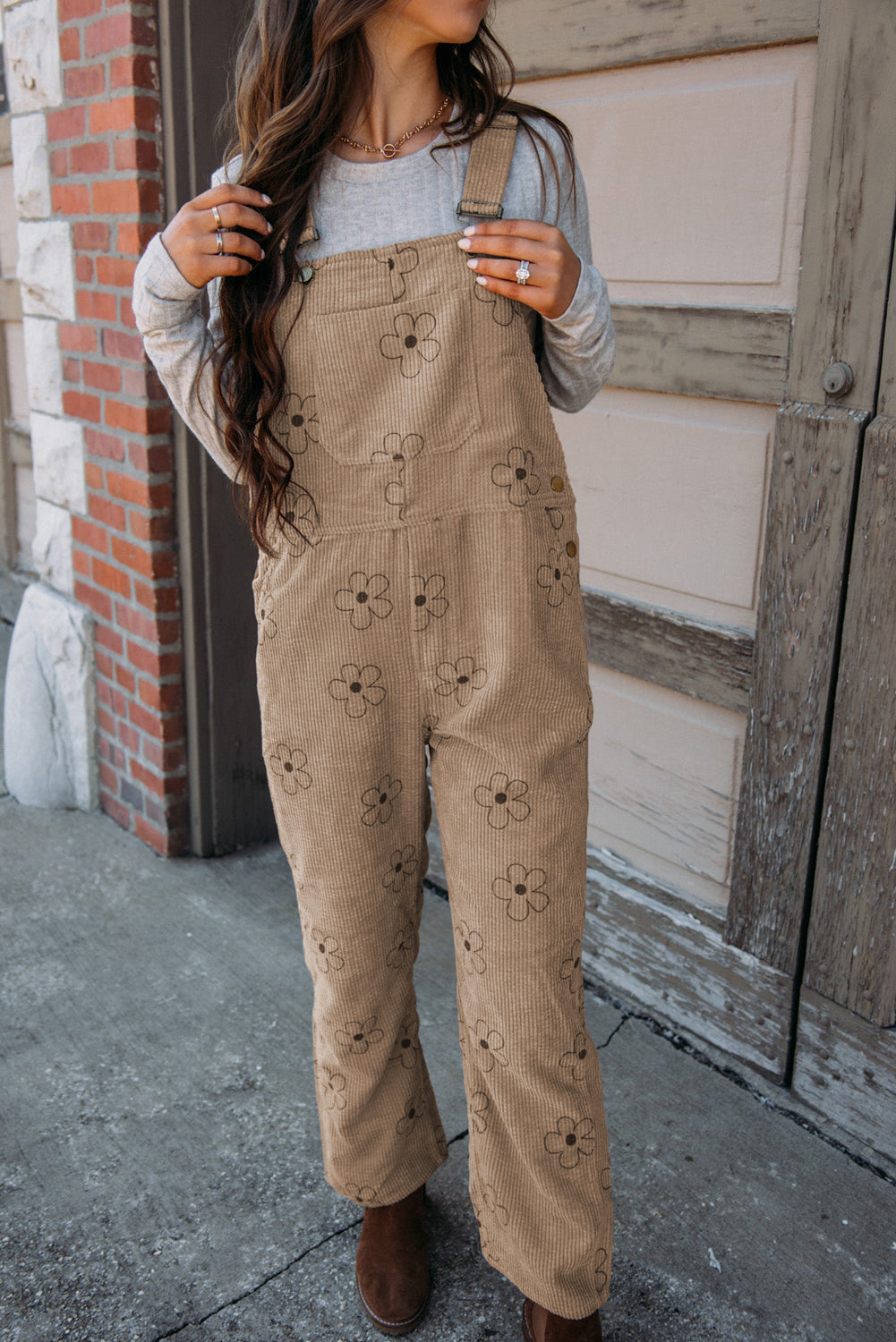 Khaki Flower Print Corduroy Overalls Khaki 100%Polyester Jumpsuits & Rompers JT's Designer Fashion