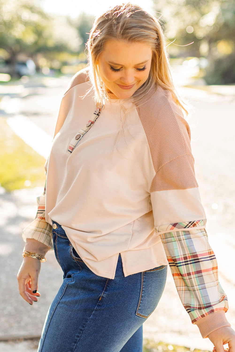 Parchment Plus Size Plaid Patchwork Layered Henley Top Plus Size Long Sleeve Tops JT's Designer Fashion