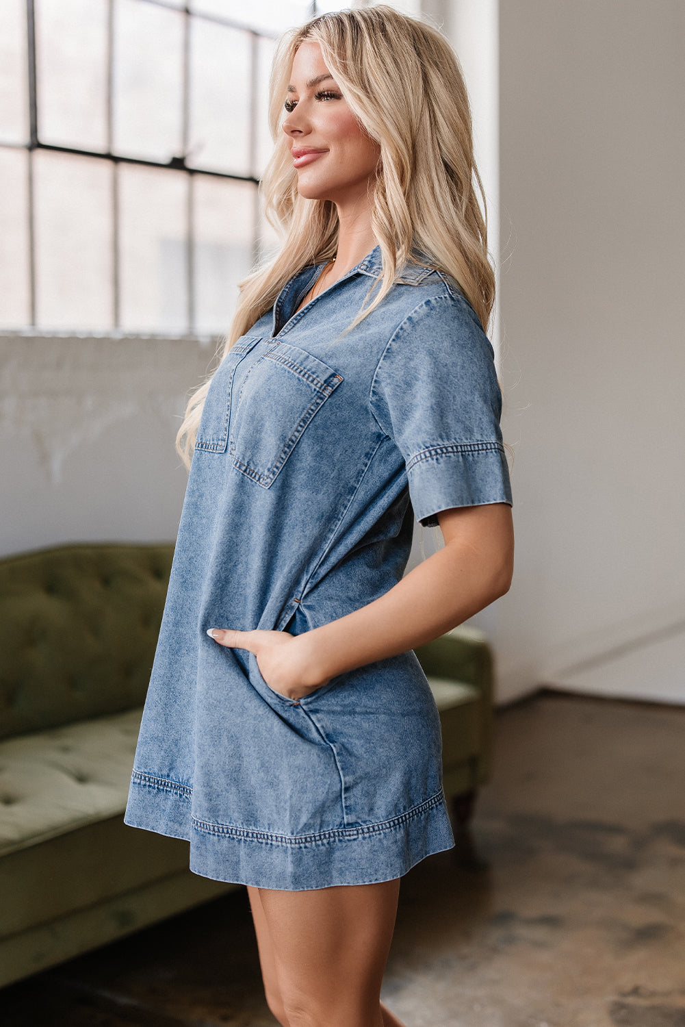Beau Blue Short Sleeve Collared Patched Pocket Denim Mini Dress Mini Dresses JT's Designer Fashion