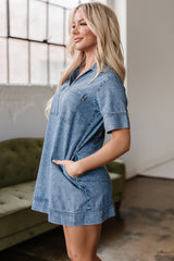 Beau Blue Short Sleeve Collared Patched Pocket Denim Mini Dress Mini Dresses JT's Designer Fashion
