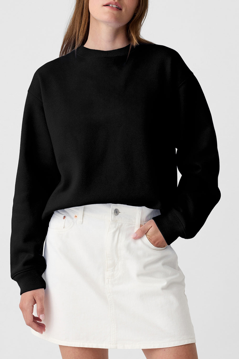 Black Plain Drop Shoulder Crewneck Pullover Sweatshirt Sweatshirts & Hoodies JT's Designer Fashion