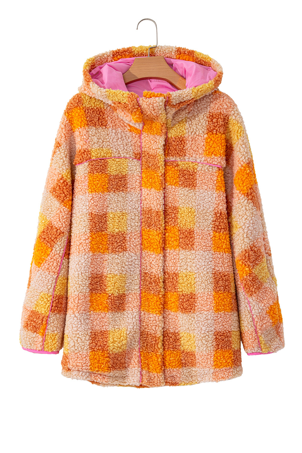 Orange Checkered Sherpa Hooded Jacket Jackets JT's Designer Fashion