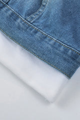 Sky Blue Distressed Contrast Hooded Denim Jacket with Pockets Denim Jackets JT's Designer Fashion