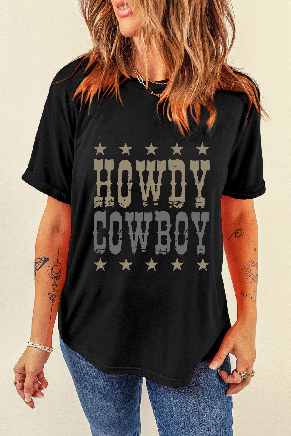 Black HOWDY COWBOY Star Print Crew Neck Loose T Shirt Graphic Tees JT's Designer Fashion