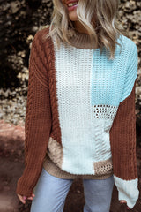 Khaki Mix Textured Knit Colorblock Patchwork Sweater Khaki 60%Cotton+40%Acrylic Sweaters JT's Designer Fashion