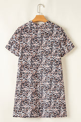 Brown Leopard Print Crew Neck Shift Short T Shirt Dress T Shirt Dresses JT's Designer Fashion