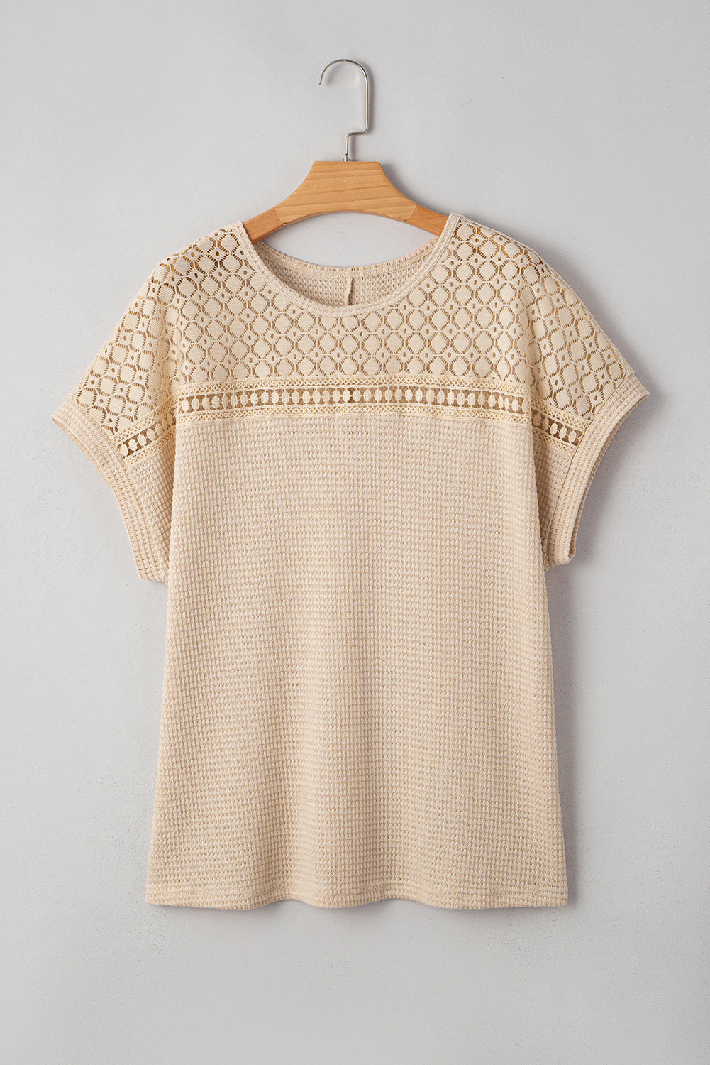 Oatmeal Lace Patchwork Waffle Short Sleeve Plus Size Top Plus Size Tops & Tees JT's Designer Fashion
