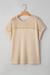 Oatmeal Lace Patchwork Waffle Short Sleeve Plus Size Top Plus Size Tops & Tees JT's Designer Fashion