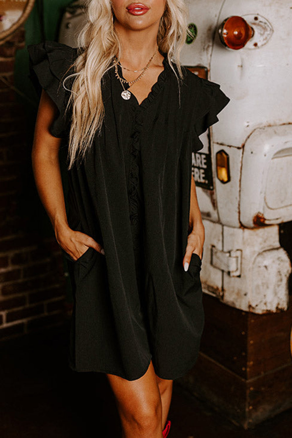 Black Ruffle Sleeve V Neck Frilled Shift Dress Mini Dresses JT's Designer Fashion