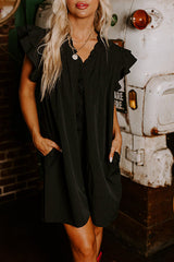 Black Ruffle Sleeve V Neck Frilled Shift Dress Mini Dresses JT's Designer Fashion
