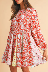 Red Colorful Floral Patchwork Long Sleeve Pleated Mini Dress Red 100%Polyester Floral Dresses JT's Designer Fashion