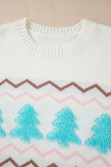 White Striped Christmas Tree Ribbed Trim Drop Shoulder Sweater Sweaters JT's Designer Fashion