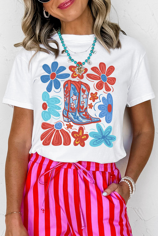 White Floral Cowgirl Boots Print Independence Day T Shirt Graphic Tees JT's Designer Fashion