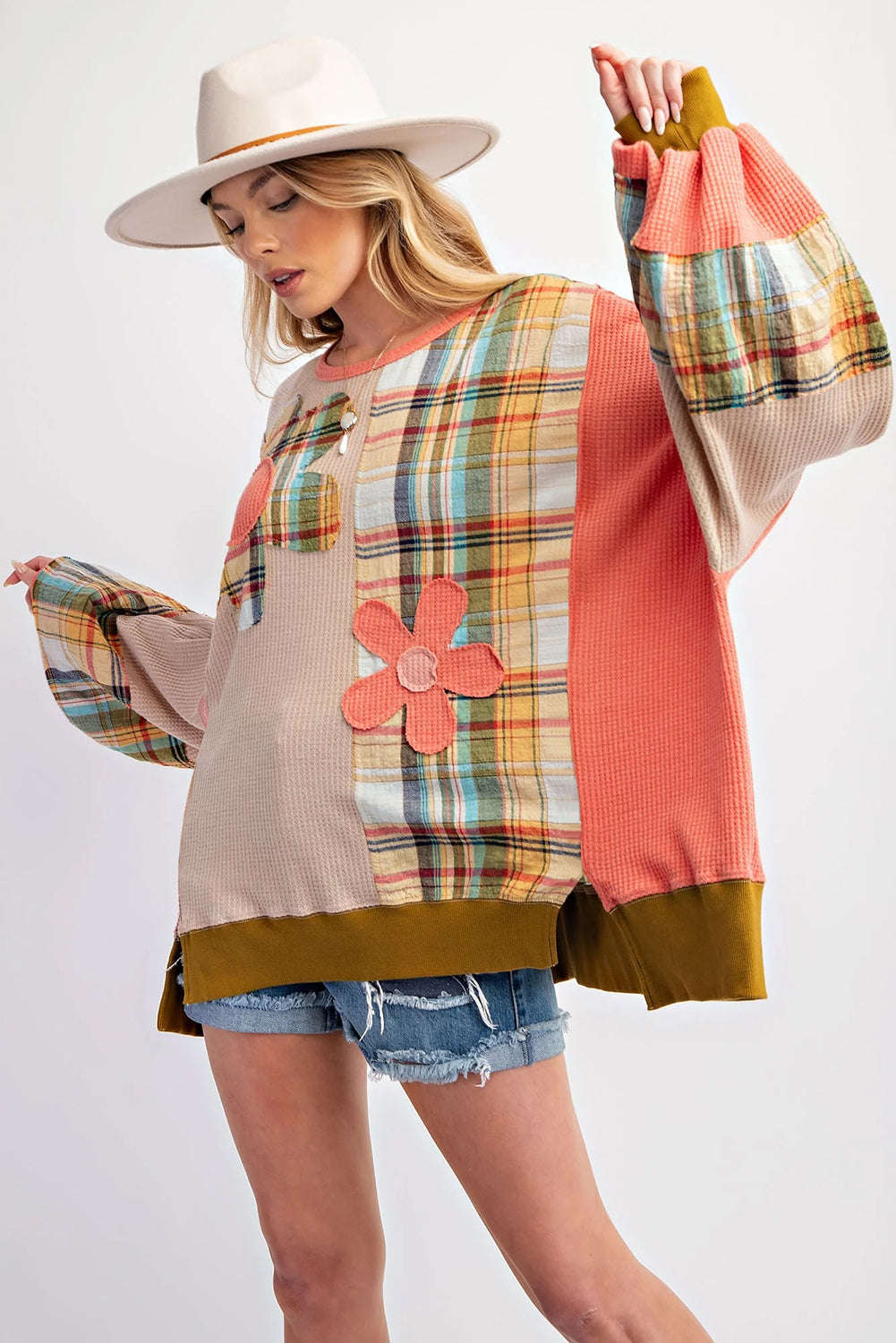 Multicolour Waffle Knit Plaid Patchwork Side Slits Loose Sweatshirt Sweatshirts & Hoodies JT's Designer Fashion