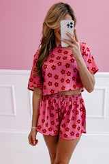 Rose Floral Print Crop Tee and Shorts Lounge Set Loungewear JT's Designer Fashion