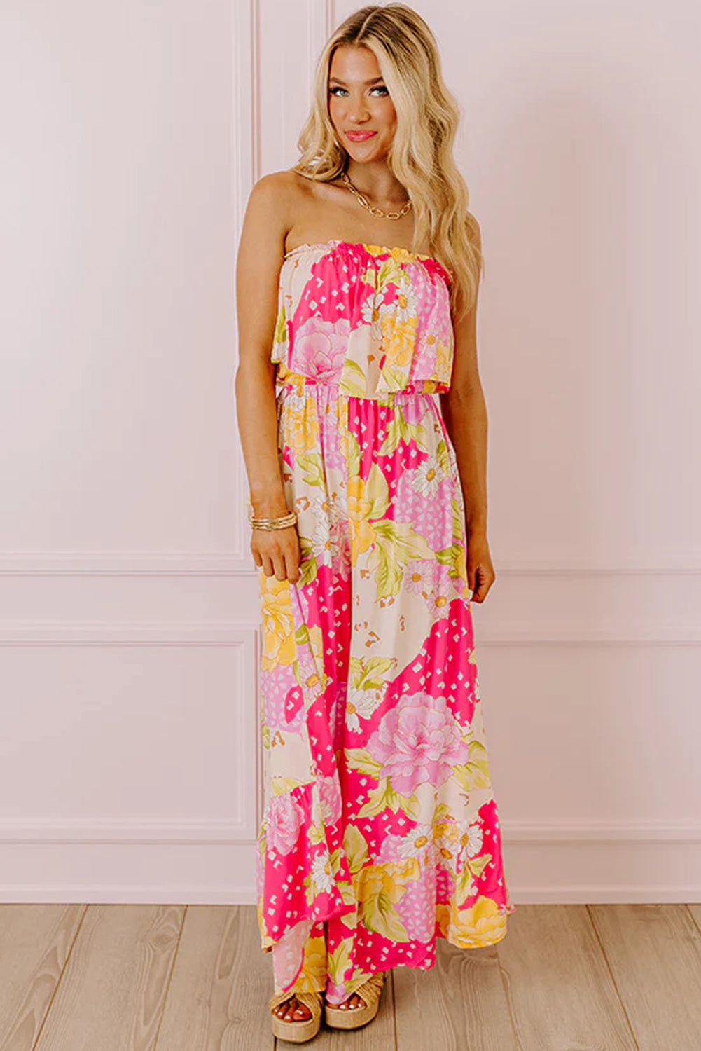 Multicolour Floral Print Ruffled High Waist Tube Top Loose Jumpsuit Jumpsuits & Rompers JT's Designer Fashion